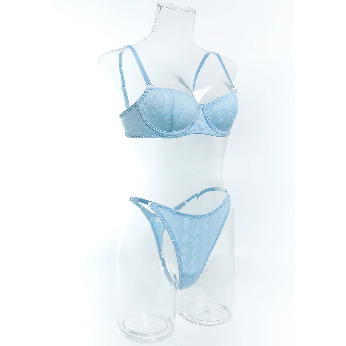 Light Blue Knitted Rayon 2Pcs Women's Lingerie Set Underwire Push-Up Bra Adjustable Thong Soft Breathable Sexy Daily Underwear