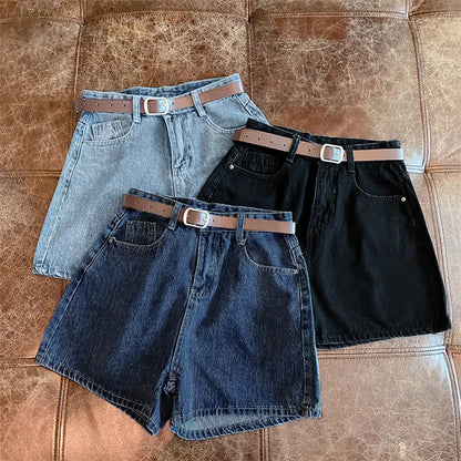 Women High Waist Denim Shorts Summer Chic Streetwear Female Casual Wide Leg Short Pants Solid Color Lady Loose Straight Shorts