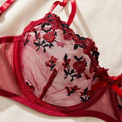 Transparent Women Red Lace New Embroidery Floral Ultra-thin Exquisite Underwear Bra Set