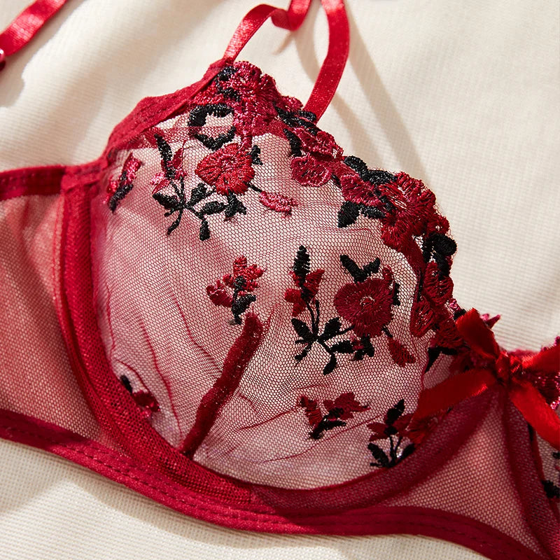Transparent Women Red Lace New Embroidery Floral Ultra-thin Exquisite Underwear Bra Set