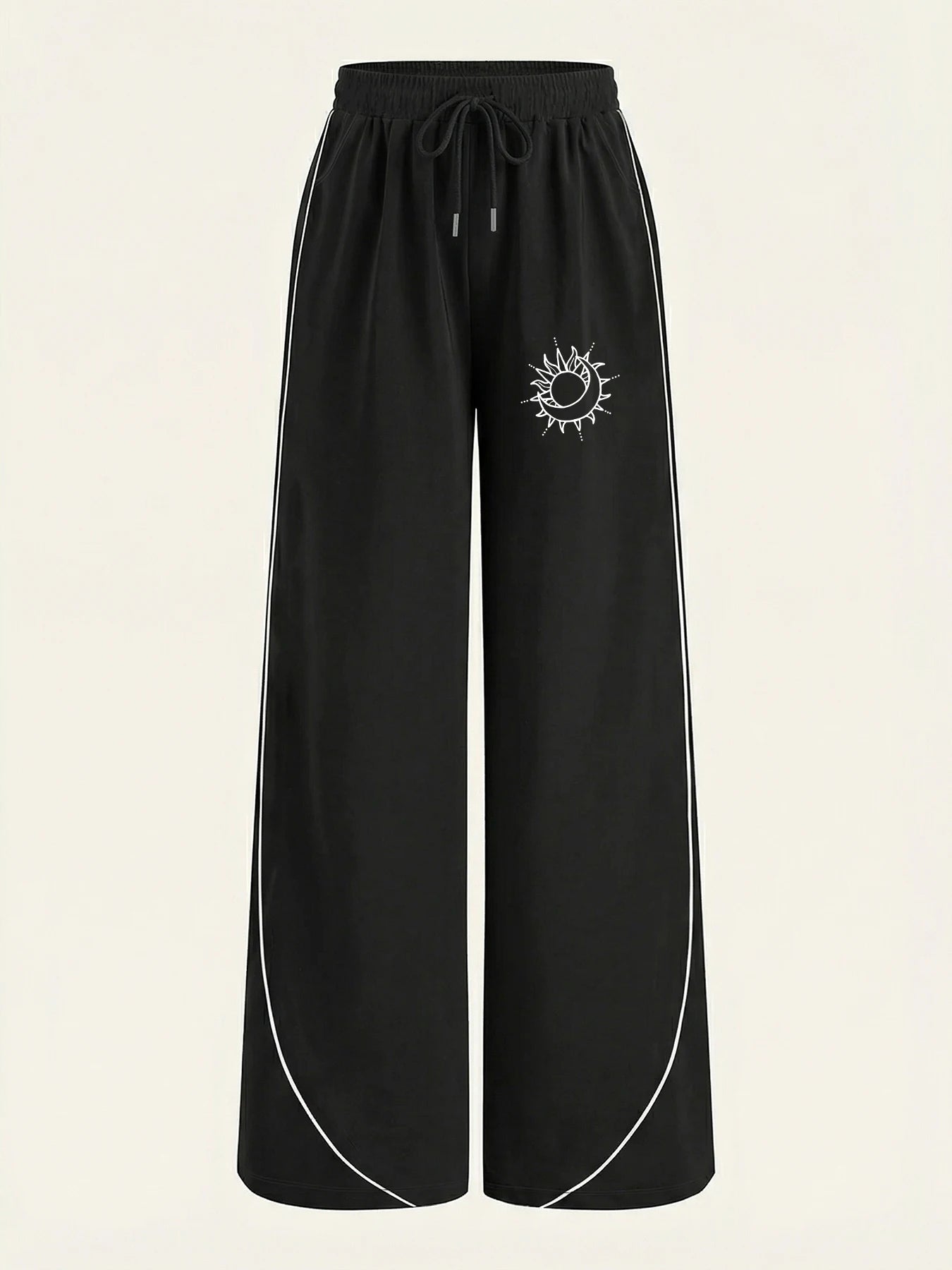 Women's Casual Pants, a Must-Have for Trendy Looks, Summer Cool and Unique Style, Sun and Moon Lines Printed with Contrasting Colors, Wide-Leg Casual Pants with White Lines on the Side, Loose and Comfortable Women's Casual Pa