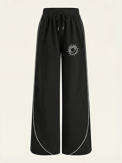 Women's Casual Pants, a Must-Have for Trendy Looks, Summer Cool and Unique Style, Sun and Moon Lines Printed with Contrasting Colors, Wide-Leg Casual Pants with White Lines on the Side, Loose and Comfortable Women's Casual Pa