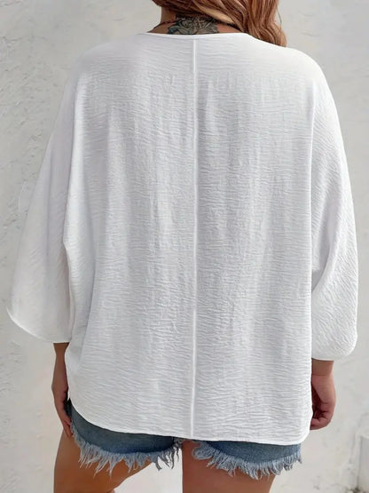 Plus Size 2025 New Fashion Women's Tops Loose V-Neck Long Sleeve T-Shirt Spring Summer Elegant Solid Color Casual Blouse