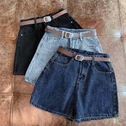 Women High Waist Denim Shorts Summer Chic Streetwear Female Casual Wide Leg Short Pants Solid Color Lady Loose Straight Shorts