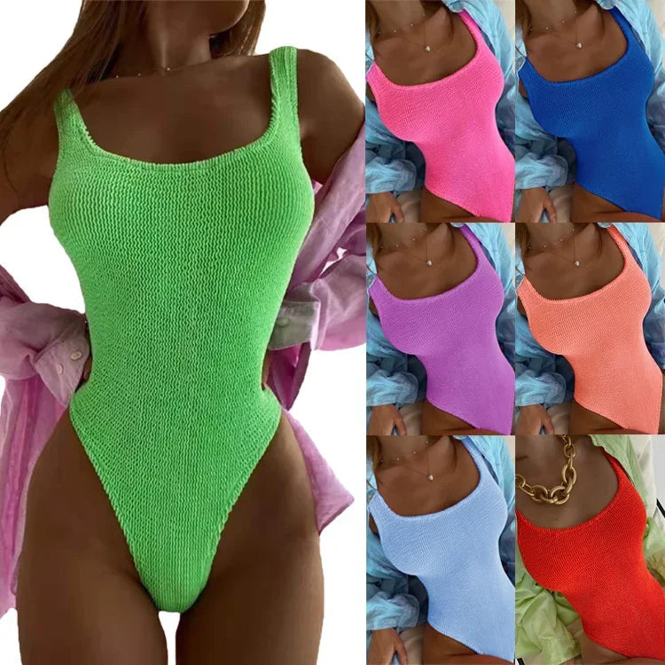 Sexy Ribbed Wrinkled One-piece Bikini Female Swimsuit Women Push Up Bra Swimwear