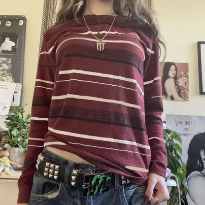 Y2k Teen Striped Long Sleeve T-Shirts Fairy Grunge Print Baggy Tops Vintage Harajuku 2000s E-Girl Shirts Vintage Streetwear