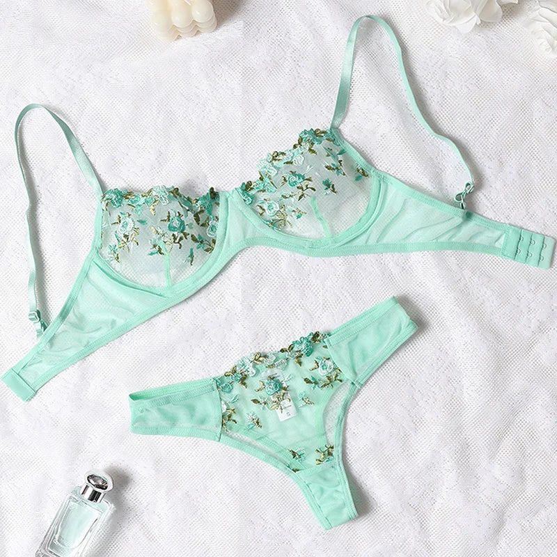 Embroidery Floral Ultra-thin Exquisite Transparent Women Underwear Bra Set