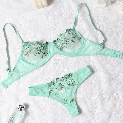 Embroidery Floral Ultra-thin Exquisite Transparent Women Underwear Bra Set