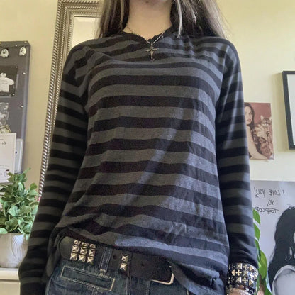 Y2k Teen Striped Long Sleeve T-Shirts Fairy Grunge Print Baggy Tops Vintage Harajuku 2000s E-Girl Shirts Vintage Streetwear