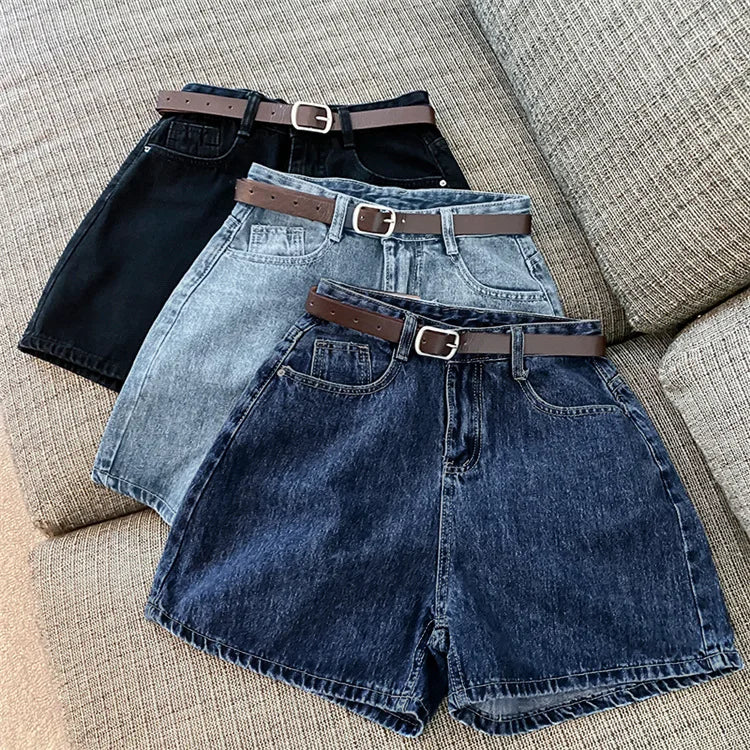 Women High Waist Denim Shorts Summer Chic Streetwear Female Casual Wide Leg Short Pants Solid Color Lady Loose Straight Shorts