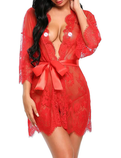 New Sexy Lace Transparent Ruffles Robe Women Lingerie See-through Babydolls Underwear Sleepwear Night Dress Erotic Sex Clothes