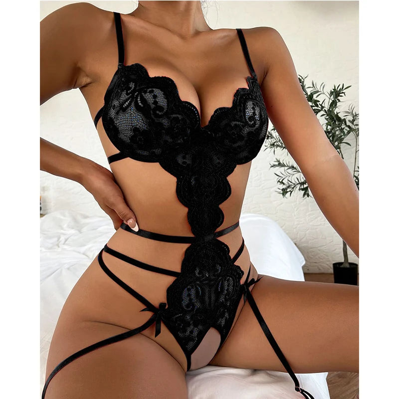 Hot Lace Bodysuit Babydoll Pajamas Set Garter Deep V Open Bra Crotchless Women's See-Through Corset Sex Lingerie Exotic Apparel