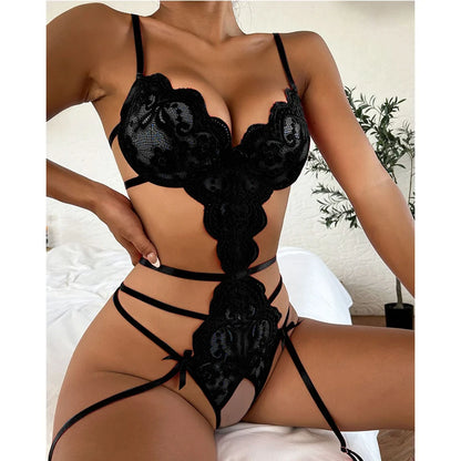 Hot Lace Bodysuit Babydoll Pajamas Set Garter Deep V Open Bra Crotchless Women's See-Through Corset Sex Lingerie Exotic Apparel