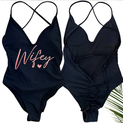 Sexy Padded Wifey One Piece Swimsuit bride Swimwear Women Backless Rose gold Bathing Suit Summer Beachwear monokini Thong