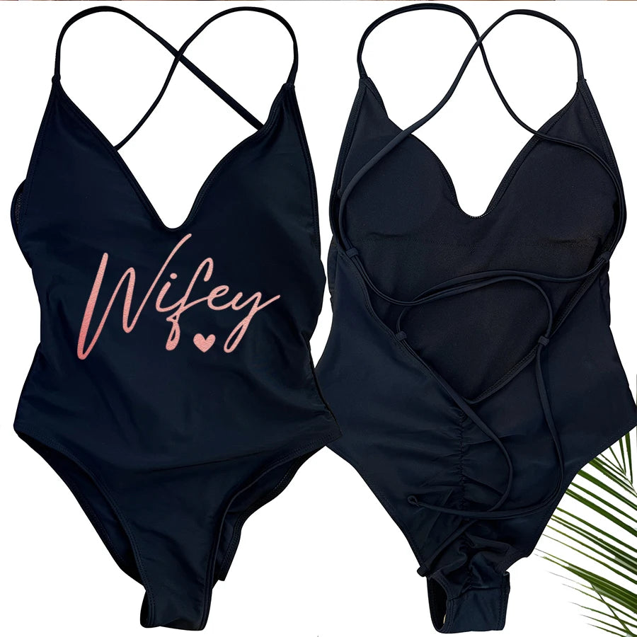 Sexy Padded Wifey One Piece Swimsuit bride Swimwear Women Backless Rose gold Bathing Suit Summer Beachwear monokini Thong