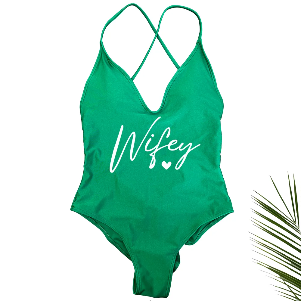 Sexy Padded Wifey One Piece Swimsuit bride Swimwear Women Backless Rose gold Bathing Suit Summer Beachwear monokini Thong