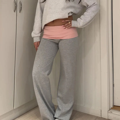 Casual Women Wide Leg Sweatpants Low Rise Flare Lounge Pant Bell Bottoms Y2K Trousers Fold Over Yoga Pants