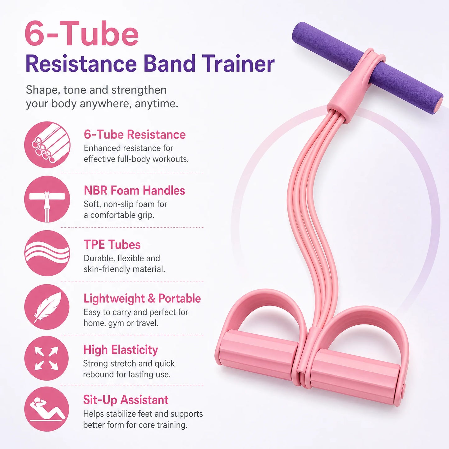 6-Tube Resistance Band Trainer Pink Sit Up Assistant Equipment Pedal Pull Rope Elastic Fitness Home Gym Leg Arm Waist Toning Exercise