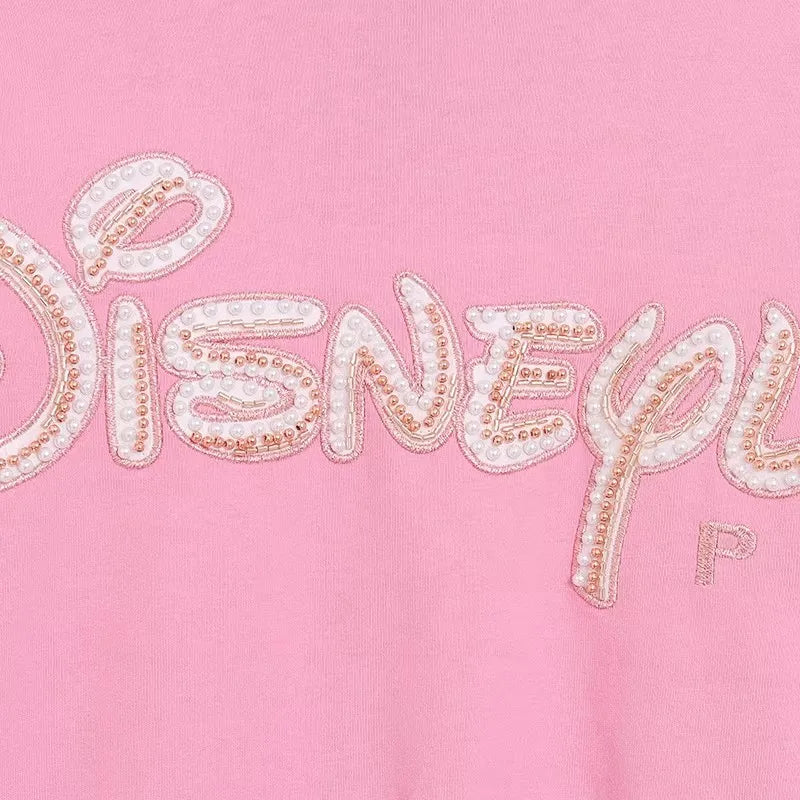 Disney World Letter Mickey Mouse Cartoon Print Embroidery Flares Pearl Pink Sweatshirt Sweet Women Long Sleeve Loose Jumper Tops