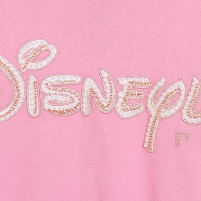 Disney World Letter Mickey Mouse Cartoon Print Embroidery Flares Pearl Pink Sweatshirt Sweet Women Long Sleeve Loose Jumper Tops