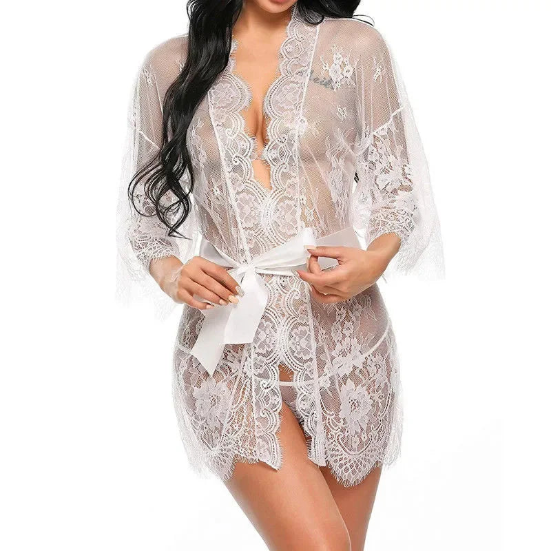 Women Sexy Lingerie Babydoll Erotic Transparent V-Neck Nightdress Robe G-string Costume Lace Sleepwear Dress