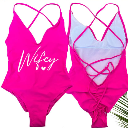 Sexy Padded Wifey One Piece Swimsuit bride Swimwear Women Backless Rose gold Bathing Suit Summer Beachwear monokini Thong