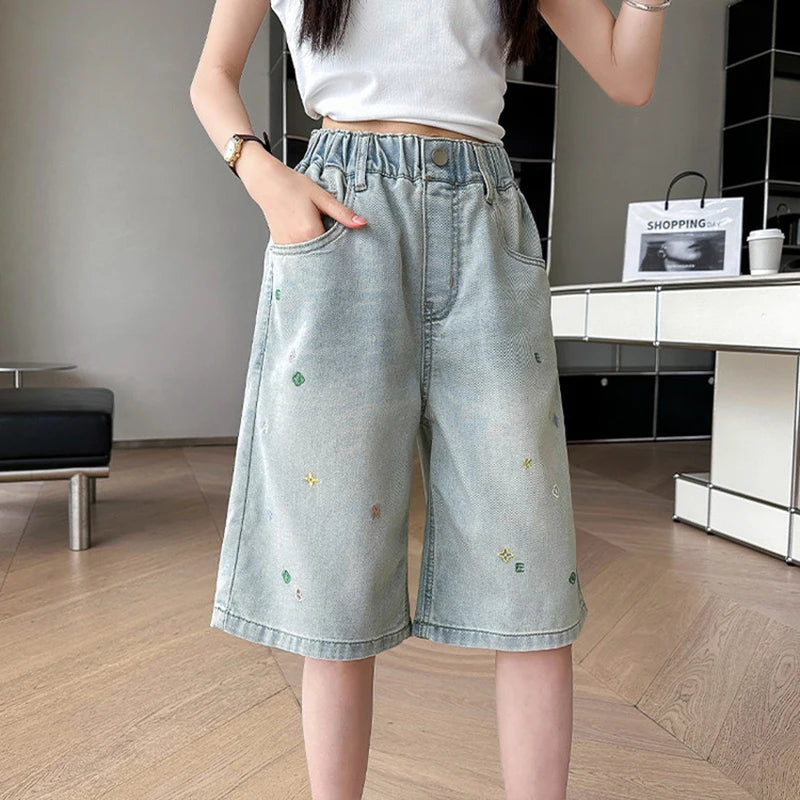 2026 New Summer Children Short Jeans Teen Girls Fashion Star Embroidery Wide Leg Denim Shorts Kid Casual Loose Knee Length Pants