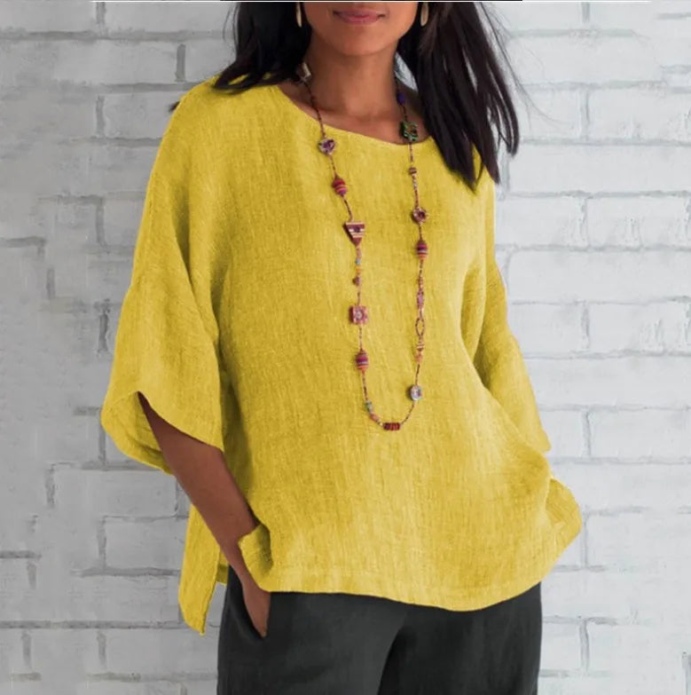 Plus Size Cotton Blouse Shirts Summer O-Neck Three Quarter Loose Casual Blouse Tops Summer Cothes For Women Streetwear