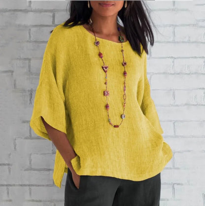 Plus Size Cotton Blouse Shirts Summer O-Neck Three Quarter Loose Casual Blouse Tops Summer Cothes For Women Streetwear