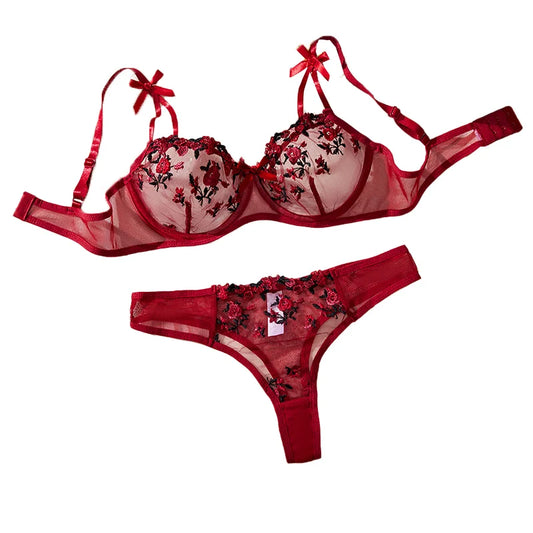 Transparent Women Red Lace New Embroidery Floral Ultra-thin Exquisite Underwear Bra Set