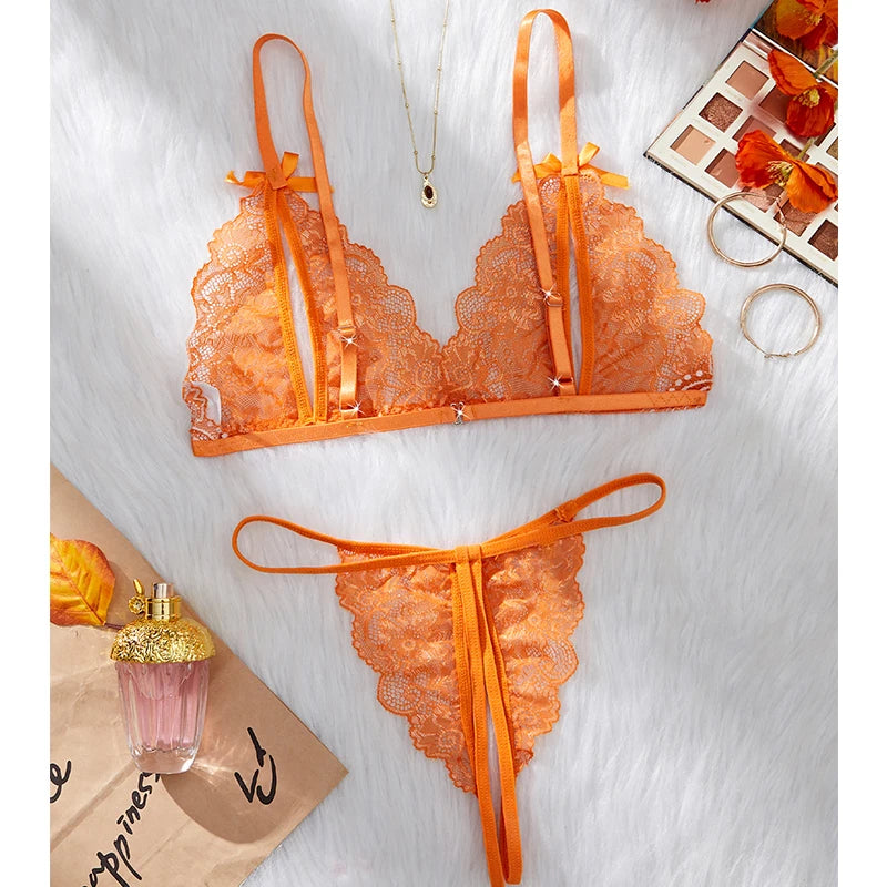 Floral Lace Bra Set Bow Intimates Bra And Thongs Sets Outfit Women's Underwear Set