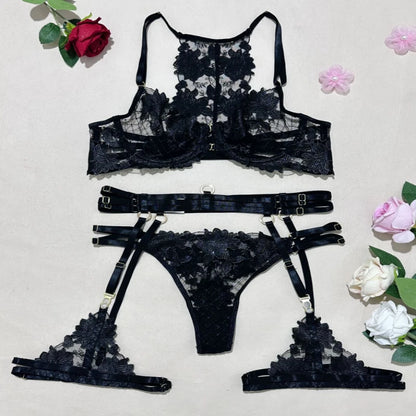 Bikini Fashion Complex Craft Embroidery Cross Strap Sexy Lingerie Push-Up Underwire Four-Piece Set