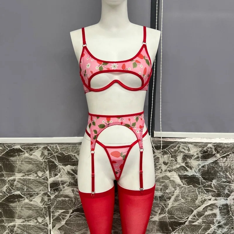 Hot Sexy Red Flower Lingerie Sets for Women Fancy Underwear Set Cut Out Bra and Thong Lace Garter Belt Stockings Erotic Costumes