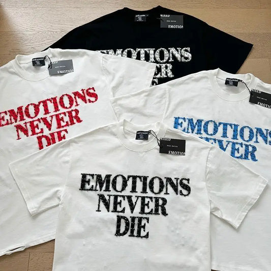 MIXED EMOTION Shirt Rhinestone Short Sleeve Men Women T-shirt Streetwear 100% Cotton Loose Round Neck Top Tees Oversized Tee Top