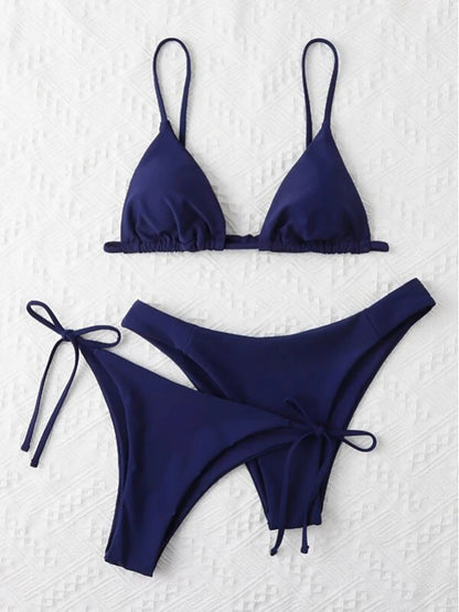 Sexy Solid 3 piece Bikini Set Women's Halter Lace Up Low Waist Swimsuit Triangle Thong Tie On Side Swimwear Brazilian Biquinis