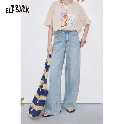 ELFSACK High Waist Wide Leg Jeans for Women, Casual Loose Fit Denim Pants with Pearl Embellishment, Light Washed Trousers