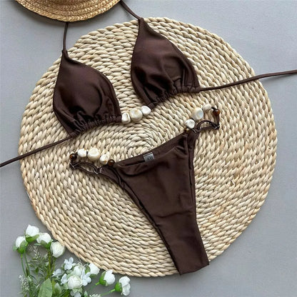 Solid Green Swimwears Sexy Halter Triangle Bead String Bikini Mini Micro Thong Swimsuit Woman 2026 Summer Brazilian Bikinis Sets