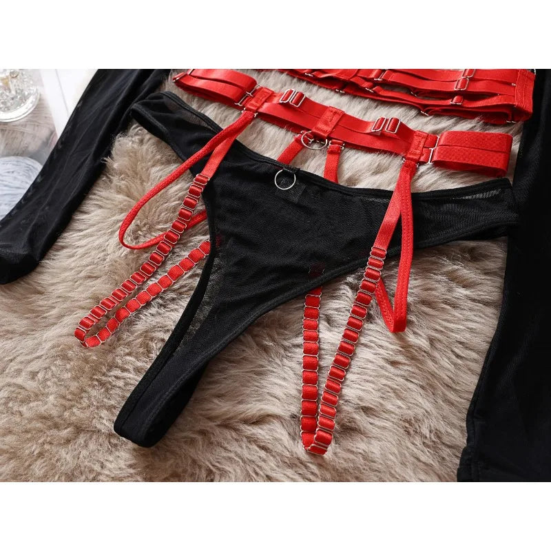 Tornova Sexy Lingerie Set for Women Strap Sexy Lingerie Mesh Splicing Hollow Sexy Lingerie 5-piece Set Halter Underwear Set New