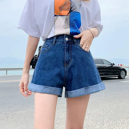 2026 Summer Women Denim Shorts High Waist Blue Cotton Wide-leg Short Pants Girl's Student Mini Korean Fashion Womens Jean Shorts