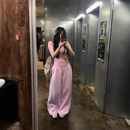 Pink High Waist Wide Leg Sweatpants Women's Spring Summer Lazy Loose Casual Floor Length Sport Long Pants Women