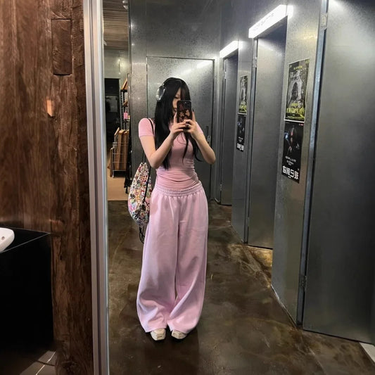 Pink High Waist Wide Leg Sweatpants Women's Spring Summer Lazy Loose Casual Floor Length Sport Long Pants Women
