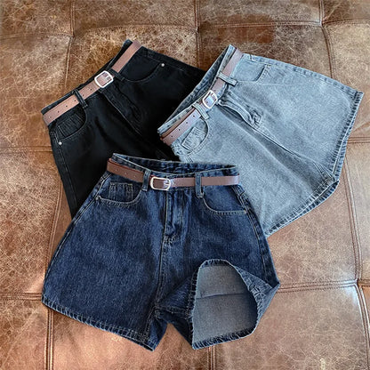 Women High Waist Denim Shorts Summer Chic Streetwear Female Casual Wide Leg Short Pants Solid Color Lady Loose Straight Shorts