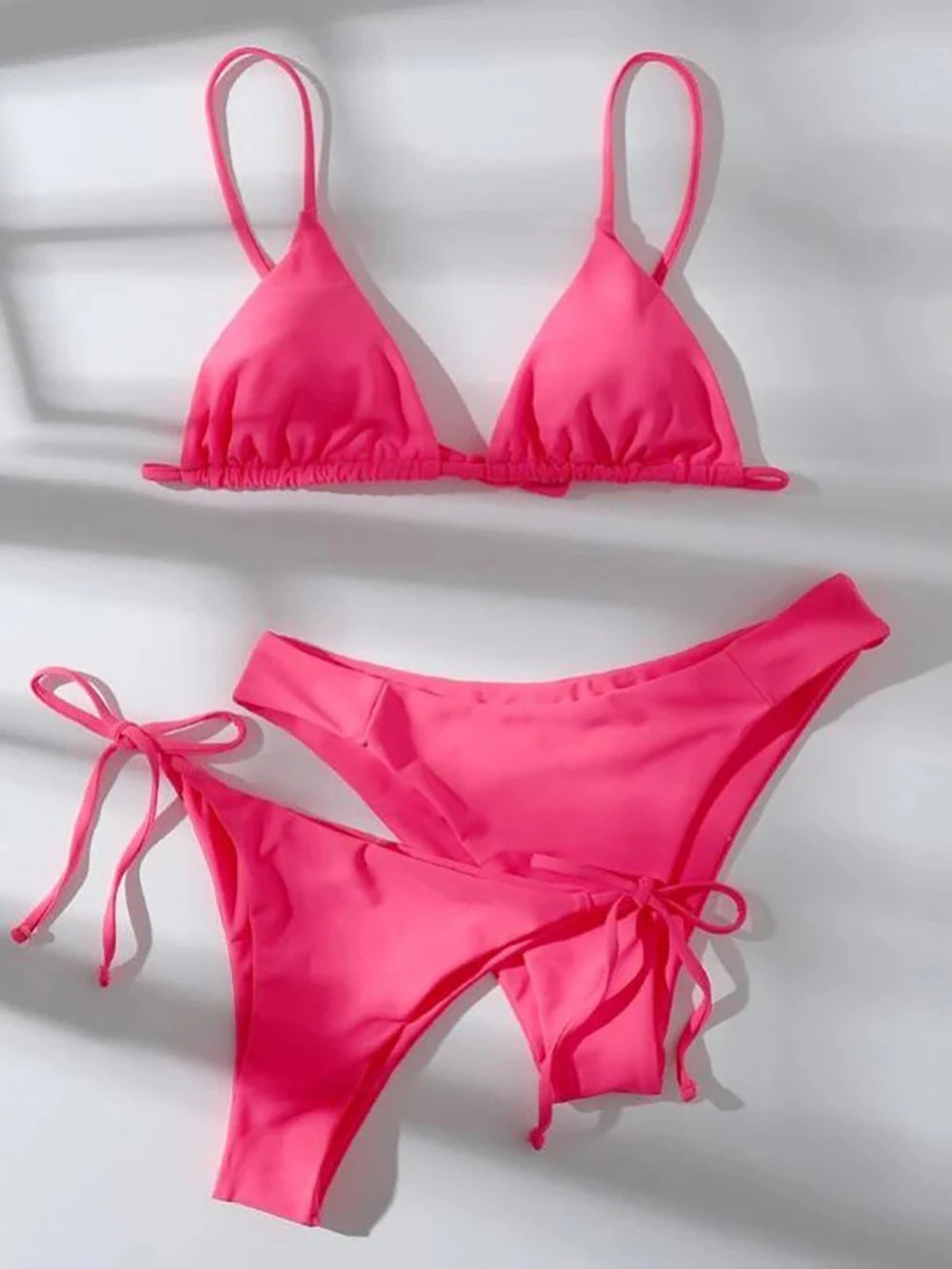 Sexy Solid 3 piece Bikini Set Women's Halter Lace Up Low Waist Swimsuit Triangle Thong Tie On Side Swimwear Brazilian Biquinis