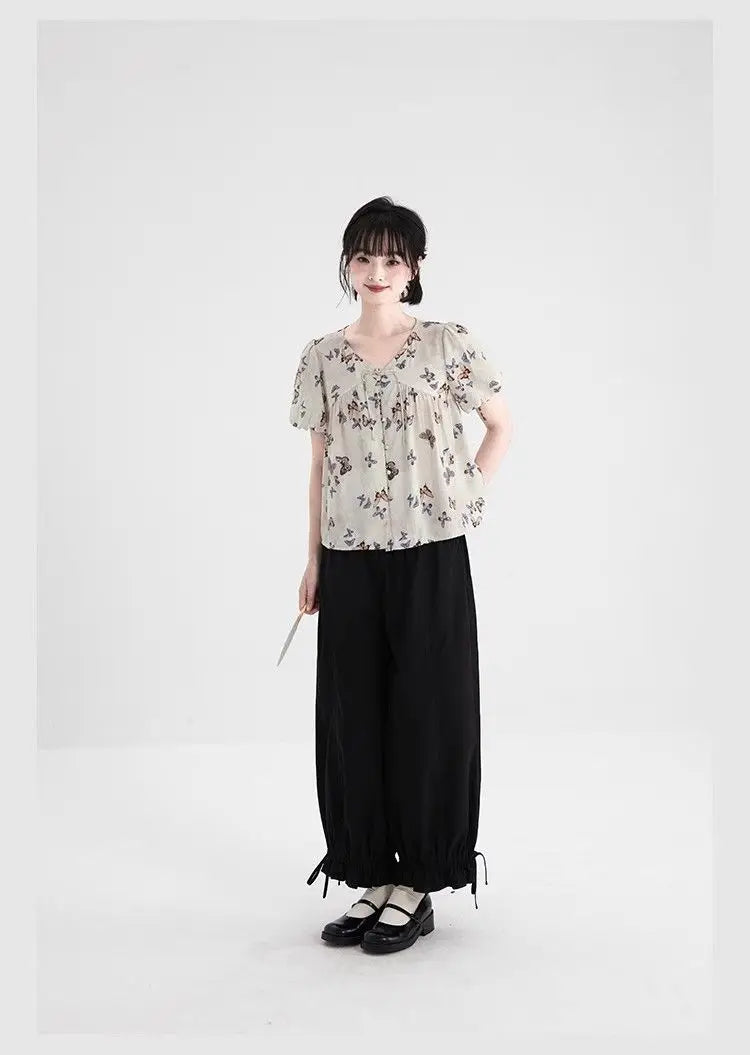 Women's Black High Waist Wide Leg Pants Drawstring Cuff Ruffled Casual Trousers