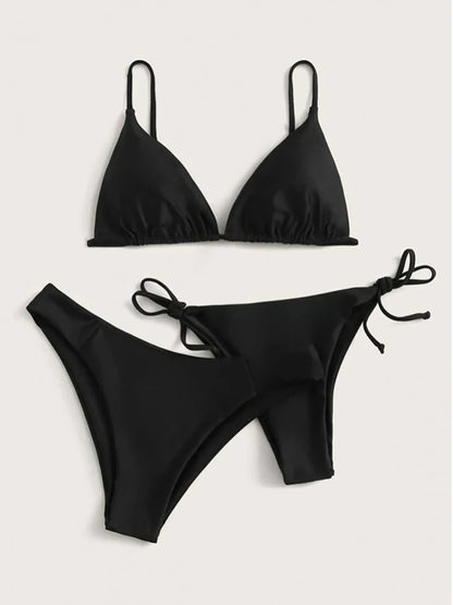 Sexy Solid 3 piece Bikini Set Women's Halter Lace Up Low Waist Swimsuit Triangle Thong Tie On Side Swimwear Brazilian Biquinis