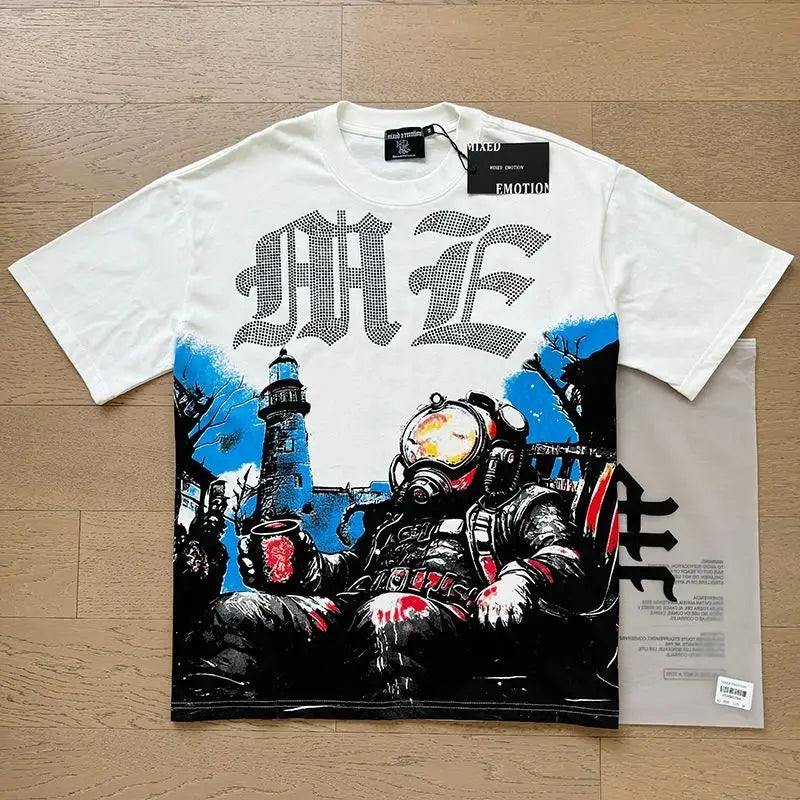 MIXED EMOTION Shirt Rhinestone Short Sleeve Men Women T-shirt Streetwear 100% Cotton Loose Round Neck Top Tees Oversized Tee Top