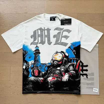 MIXED EMOTION Shirt Rhinestone Short Sleeve Men Women T-shirt Streetwear 100% Cotton Loose Round Neck Top Tees Oversized Tee Top