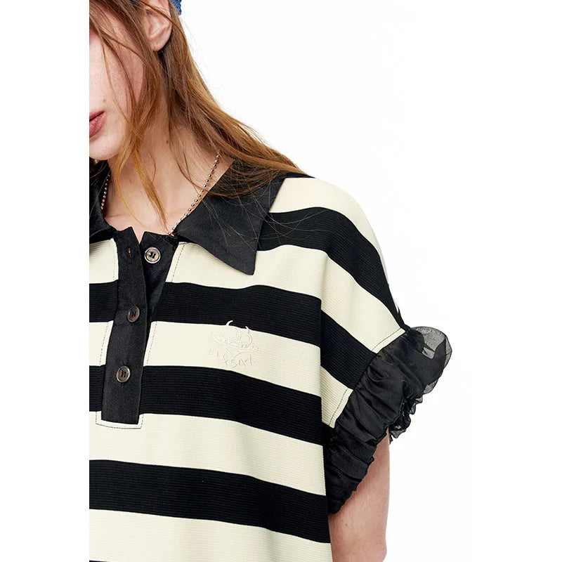 ELFSACK Women's Striped Knit Two-Piece Set, Organza Trim Polo Top & Shorts Set, Casual Black White Summer Tracksuit