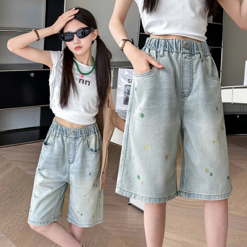 2026 New Summer Children Short Jeans Teen Girls Fashion Star Embroidery Wide Leg Denim Shorts Kid Casual Loose Knee Length Pants