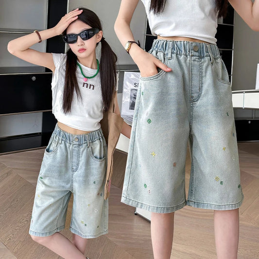 2026 New Summer Children Short Jeans Teen Girls Fashion Star Embroidery Wide Leg Denim Shorts Kid Casual Loose Knee Length Pants